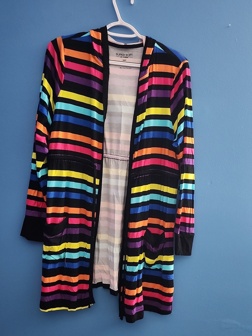 Torrid Hooded Knit Rainbow Striped Neon Cardigan with Tie Closure- Front Pockets